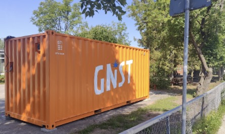 Gnist Education mobile makerspace container parked outside a school.